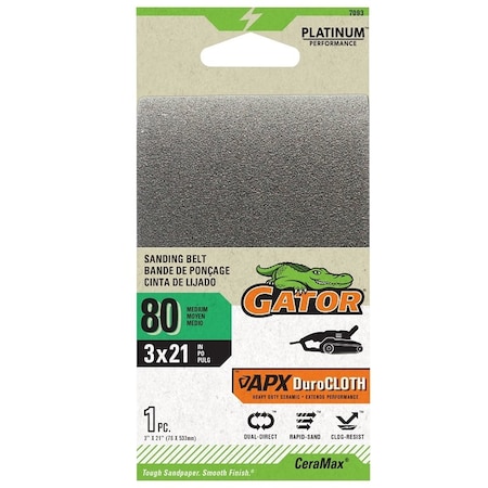 Gator Portable Sander Belt, 3 in W, 21 in L, 80 Grit, Ceramic Abrasive 7093