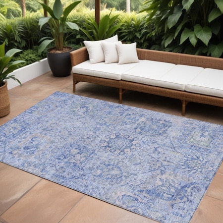 Homeroots 8' X 10' Sky Blue Ivory And Gray Damask Washable Indoor Outdoor Area Rug 603788