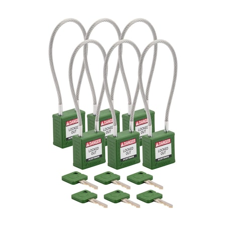 Brady Velocity 8in Compact Cable Lockout Padlocks Nylon 4in Shackle Clearance KA GN 6PK CPPL-GRN-200CB-KA6