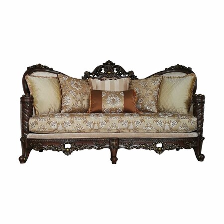 Homeroots 39" Beige Floral Sofa And Toss Pillows With Dark Brown Legs 348217