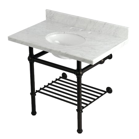 Kingston Brass 36-Inch Carrara Marble Console Sink with Brass Legs and Shelf, 8-Inch, 3-Hole KVPB3630MBB5