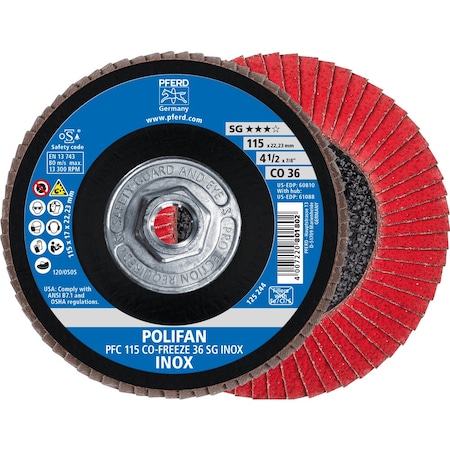 Pferd 4-1/2'' x 5/8-11 Thd. POLIFAN Flap Disc - CO-FREEZE SG INOX, Ceramic oxide, 36 Grit, Conical 61088