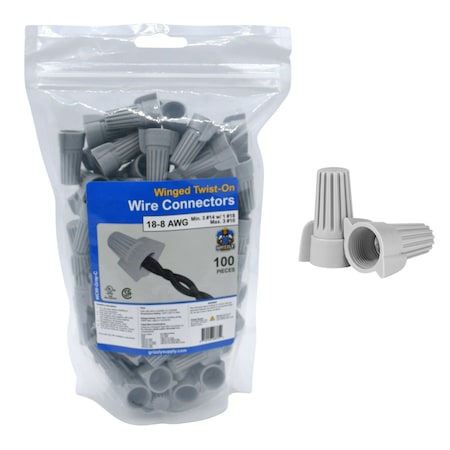 Grizzly Supply Winged Screw-On Wire Connector, 18-8 AWG, 600V Max, Thermoplastic, Gray 100PK WCW-Gray-C