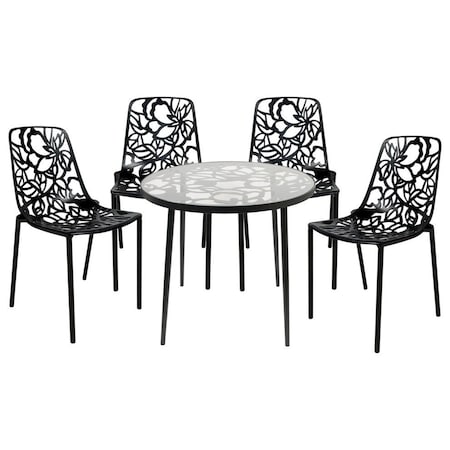 Leisuremod Devon 5-Piece Aluminum Patio Dining Set, Tempered Glass Top Table & 4 Stackable Chairs, Black DT31C4BL