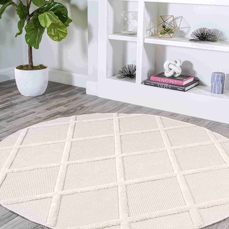 Jonathan Y Salines Diamond Trellis Ivory 5 ft Round Indoor/Outdoor Area Rug IBZ101D-5R