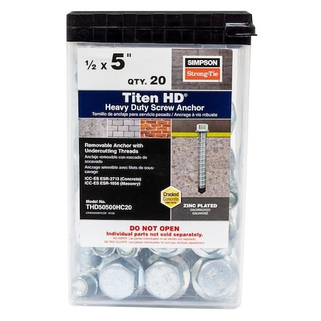 Simpson Strong-Tie Titen HD Heavy-Duty Screw Anchor, 1/2 in Dia, 5 in L, Carbon Steel, Zinc Plated THD50500HC20
