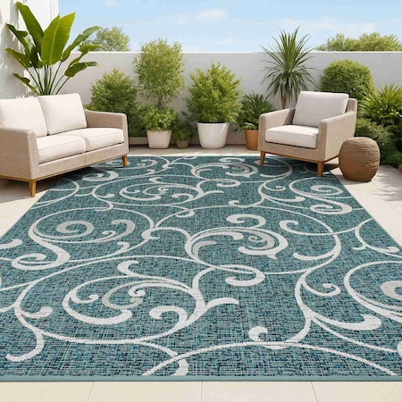 Jonathan Y Maribel Traditional Classic All-Over Scroll Turquoise/Cream 5 ft. x 8 ft. Indoor/Outdoor Area Rug TSN205E-5