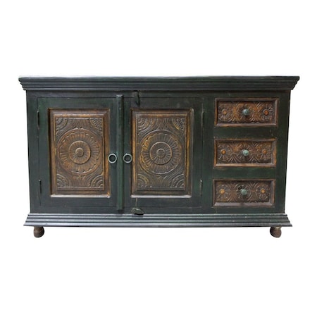 Homeroots 60in Dark Brown and Green Solid Wood Three Drawer Buffet Table with Two Doors 488610