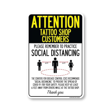 Signmission PSA Tattoo Shop Customers Practice Social Distancing 14in X 10in Wall Graphic, OS-NS-RD-1014-25368 OS-NS-RD-1014-25368
