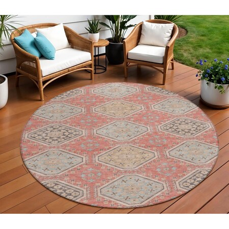 Homeroots 8' Salmon And Beige Round Floral Washable Indoor Outdoor Area Rug 610777