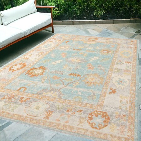 Homeroots 5' X 7' Blue and Orange Floral Stain Resistant Indoor Outdoor Area Rug 531497