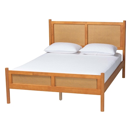 Baxton Studio Jenn Golden Brown Wood Japandi Queen Size Platform Bed with Distressed-Finished Rattan 253-13897-ZORO
