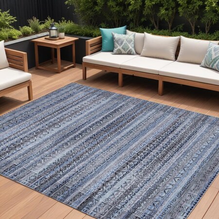 Homeroots 9' X 12' Blue And Charcoal Striped Washable Indoor Outdoor Area Rug 631489