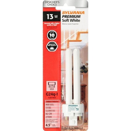 Sylvania Compact Fluorescent Bulb, 13 W, T4 Lamp, G24Q-3 Lamp Base, 900 Lumens, 2700 K Color Temp 20942
