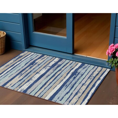 Homeroots 3' X 5' Navy Blue Beige And Ivory Striped Washable Indoor Outdoor Area Rug 598908