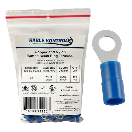 Kable Kontrol Ring Terminal, #8 Stud Size, 14 AWG, Nylon Insulated, Blue, 100 PK RTNY-1614-8-BL