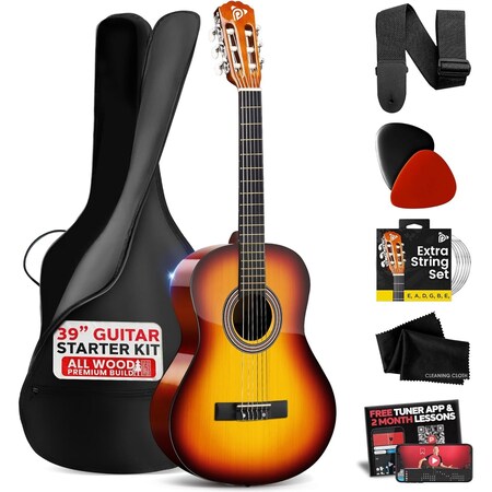 Pyle Beginner Acoustic Guitar Kit, 4/4 Full Size All Wood Instrument with Full Accessory Kit, Picks PGACLS90BB
