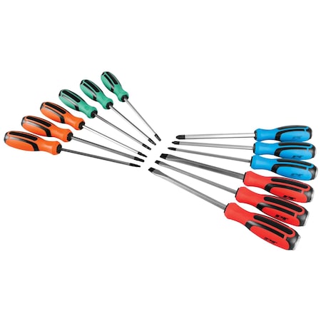 Performance Tool 12 pc. Screwdriver Set, Go-Thru Shank, Magnetic Tips, Ergonomic Grip W1741