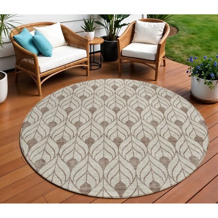 Homeroots 8' Brown And Beige Round Geometric Washable Indoor Outdoor Area Rug 595711