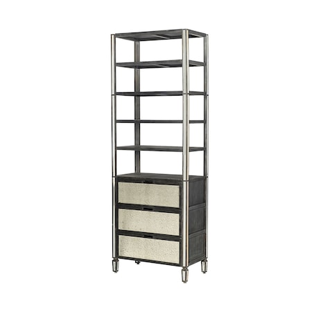Homeroots 32" Dark Brown Solid Wood and Mirrored Glass Four Tier Bookcase with Three Drawers 611031
