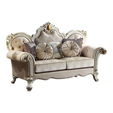 Homeroots 70in Gold And Pearl Velvet Loveseat and Toss Pillows 515707