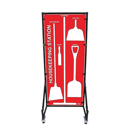 5S Supplies Housekeeping Shadow Board Broom Station V5, Red / White Shadows, Kit + Stand HSB-V5-RED/WHITE-KIT-STAND