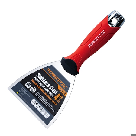 Powertec 4in Stainless Steel Drywall Joint Knife - Flexible Blade, Soft Grip, for Patching, Taping 72172