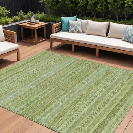 Homeroots 9' X 12' Fern Green And Sage Striped Washable Indoor Outdoor Area Rug 615342