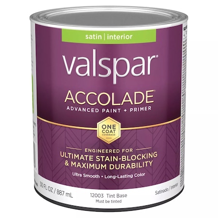 Valspar Accolade Super Premium 100% Acrylic Paint & Primer Satin Interior Wall Paint Tint Base 1 Qt. 028.0012003.005