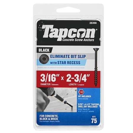 Tapcon Concrete Screw Anchor, 3/16 in Dia, 2-3/4 in L, Steel, Climaseal, 75PK 28368