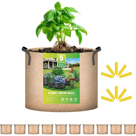 Ipower 5 Gallon Grow Bags, 10 Labels Included, Tan, 10PK GLGROWBAG5X5TANX2