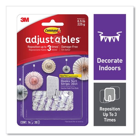 Command Adjustables Repositionable Mini Hooks, Plastic, White, 0.5 lb Capacity, 14 Hooks and 30 Strips 17830CLR-14ES