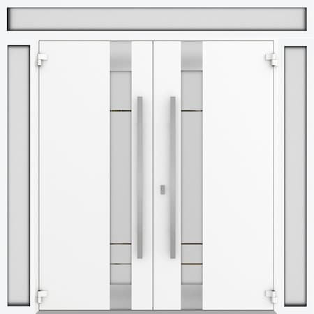 Vdomdoors Metal Double Doors Deux 1713 Natural Oak Frosted Glass 2 Sidelights and Top Transom Entry Modern Pa DEUX1713DEXD-OAK-W14+72+14xH96+16-RH-O