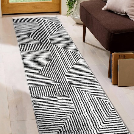 World Rug Gallery Modern Maze Runner Rug 2 ft 3 in x 8 ft Cream WR148CREAM2X8