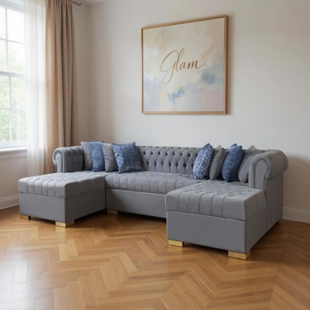 Homeroots Gray Velvet U Shaped Three Piece Sofa and Chaise Sectional With Toss Pillows 643888