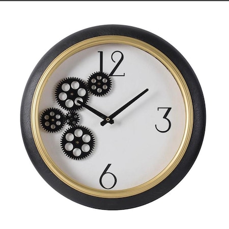 Homeroots 16" Black Gold And White Faux Leather And Iron Analog Exposed Gear Round Wall Clock 485977