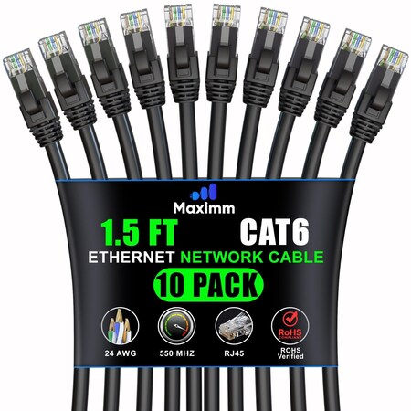 Maximm Cat6 Ethernet Cable 1.5ft 10Gbps 550MHz UTP, 10PK, Black, 10PK CAT6-CCA-1.5FT-BLACK-10PK