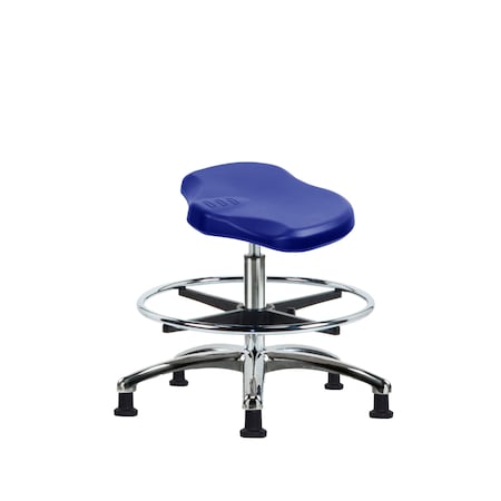 Blue Ridge Ergonomics Poly Ray Stool Chrome - Medium Bench Height with Chrome Foot Ring & Stationary Glides in Blue Poly PRPMBSL-CR-CF-RG-BLU