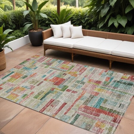 Homeroots 9' X 12' Terra Cotta Green And Brown Striped Washable Indoor Outdoor Area Rug 603525