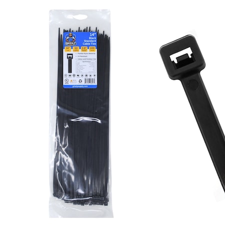 Grizzly Supply Cable Tie, 14 in L, 50 lb Strength, 4.0 in Max Bundle Dia, Nylon 6/6, UV Resistant, Black, 100PK GS-S14-50-0C