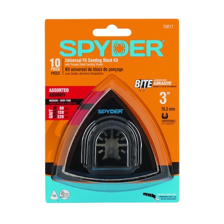 Spyder 10-Piece 3-Inch No Hole Detail Sanding Block and Paper Oscillating Tool Sanding Kit 70017