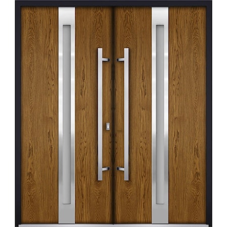 Vdomdoors Metal Double Doors Deux 1744 Natural Oak Frosted Glass Entry Modern Painted (W72xH96) Right hand In DEUX1744DEXD-OAKB-W72xH96-RH-I