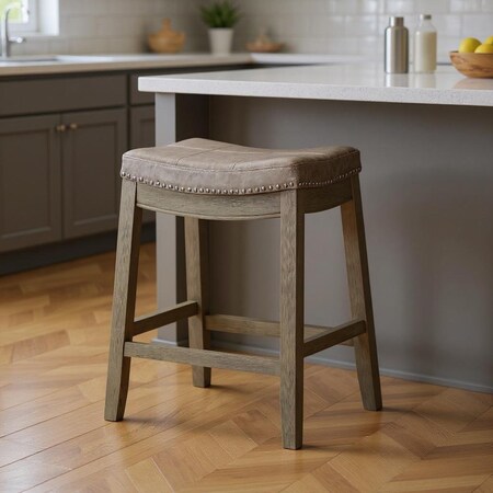 Homeroots 26" Gray and Cool Gray Faux Leather and Solid Wood Backless Counter Height Bar Chair 632498