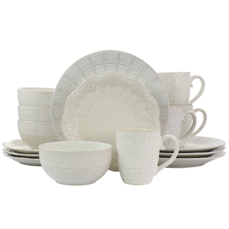 Elama White Lace 16 Piece Luxurious Stoneware Dinnerware with Complete Setting for 4 EL-WHITELACE16
