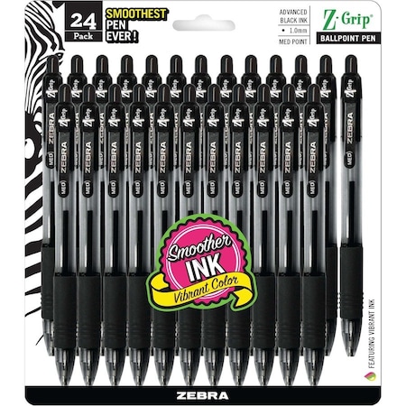 Zebra Pen Z-Grip Ballpoint Pen, Retractable, Medium 1 mm, Black Ink, Clear/Black Barrel, PK24 12221