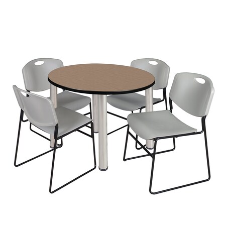 Regency Round Kee Breakroom Table W/ 4 Zeng Stack Chairs, 36 in W, 36 in L, Noble Oak TB36RNDNOBPCM44GY