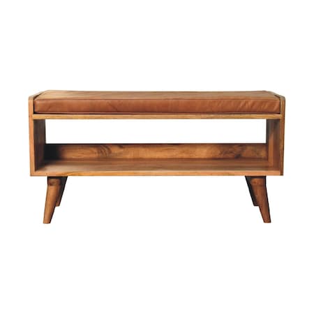 Homeroots 35in Brown Genuine Leather and Solid Wood Upholstered Storage Bench With Cabinet 717481