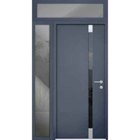 Vdomdoors Steel Door Cynex 6777 Grey Sidelight and Transom Window Stainless Inserts Single Modern Painted-W36 CYNEX6777EXD-GRE-W36+16 x H80+16-Left-hand Inswing