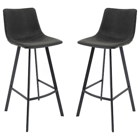 Leisuremod Elland Modern Upholstered Leather Bar Stool with Iron Legs and Footrest, Charcoal Black, 2PK ES29BL2