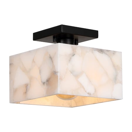 Jonathan Y Alessia 8" 1-Light Modern Contemporary Alabaster/Iron Square LED Semi Flush Mount, White Marbling/Bla JYL1203B
